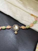Pastel Pink & Green Beaded Kundan Necklace with Stone Pendant | C - 425 - Image 3
