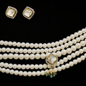 White pearl Kundan choker necklace set with green bead pendant and matching earrings